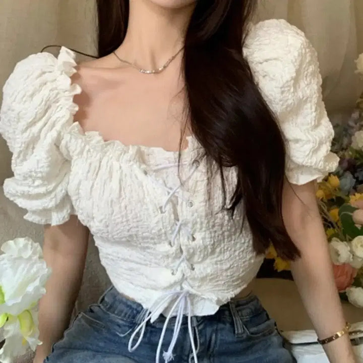 [BUNJANG] White Puff Sleeve Crop Blouse / 화이트 퍼프 소매 크롭 블라우스