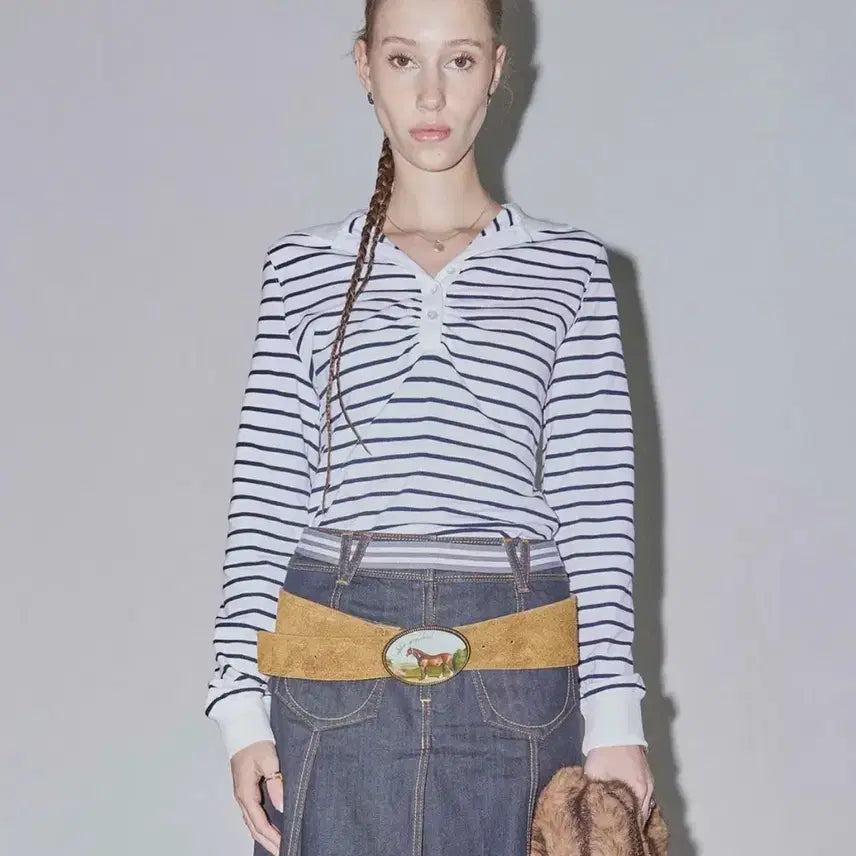 [BUNJANG] Sculptor Shirring Tennis Shirt White Navy / 스컬프터 셔링 테니스 셔츠 화이트네이비 m
