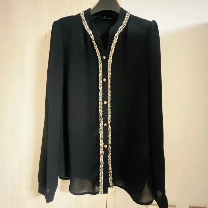 [BUNJANG] VIKI Black Tweed Embellished Chiffon Blouse / VIKI 블랙 트위드 장식 쉬폰 블라우스