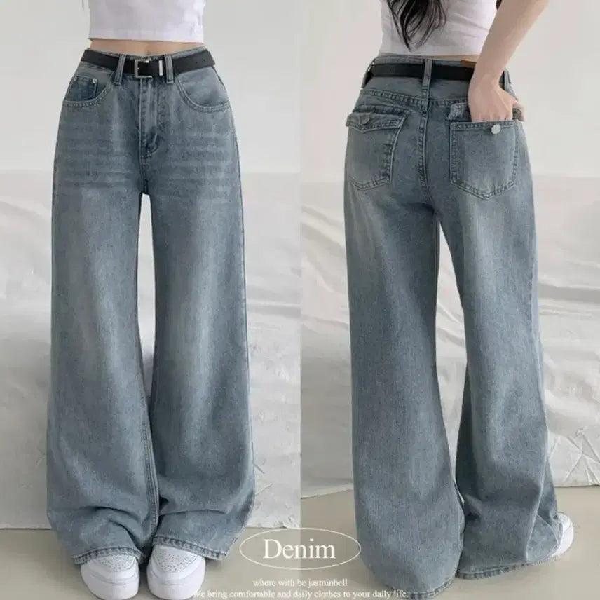 [BUNJANG] Jasmine Belle Wide Denim Pants (Light Blue, L) / 에이블리 자스민벨 와이드 데님 팬츠