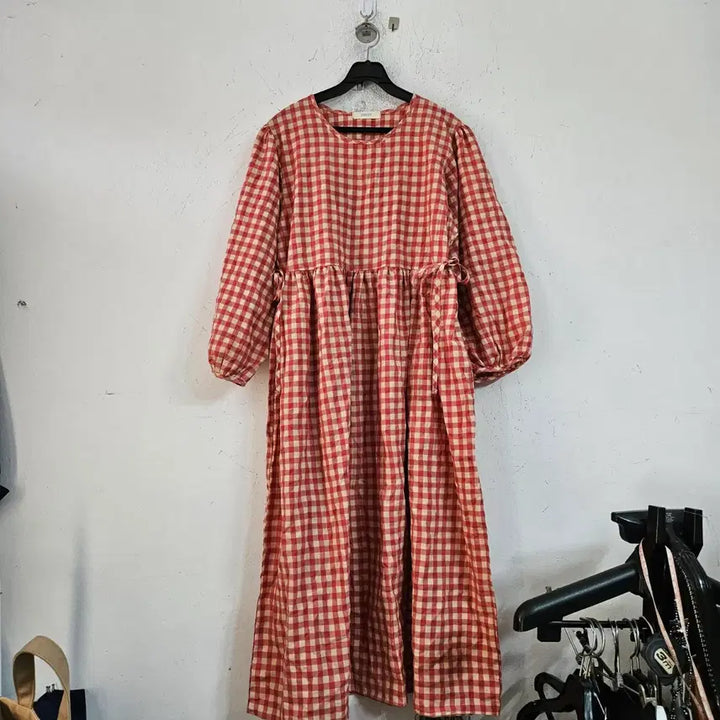 [BUNJANG] Red Check Long Sleeve Long Dress / 레드 체크 롱 원피스 긴팔