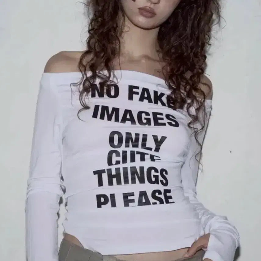 [BUNJANG] Please No Follow Kacy Lettering Long Off-Shoulder T-Shirt / 플리즈노팔로우 kacy lettering long off-shoulder