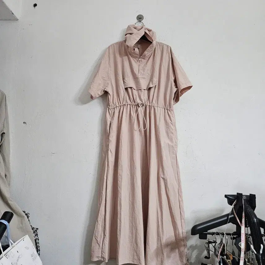 [BUNJANG] Hooded Long Dress Pink Free Size / 후드 롱 원피스 핑크 Free