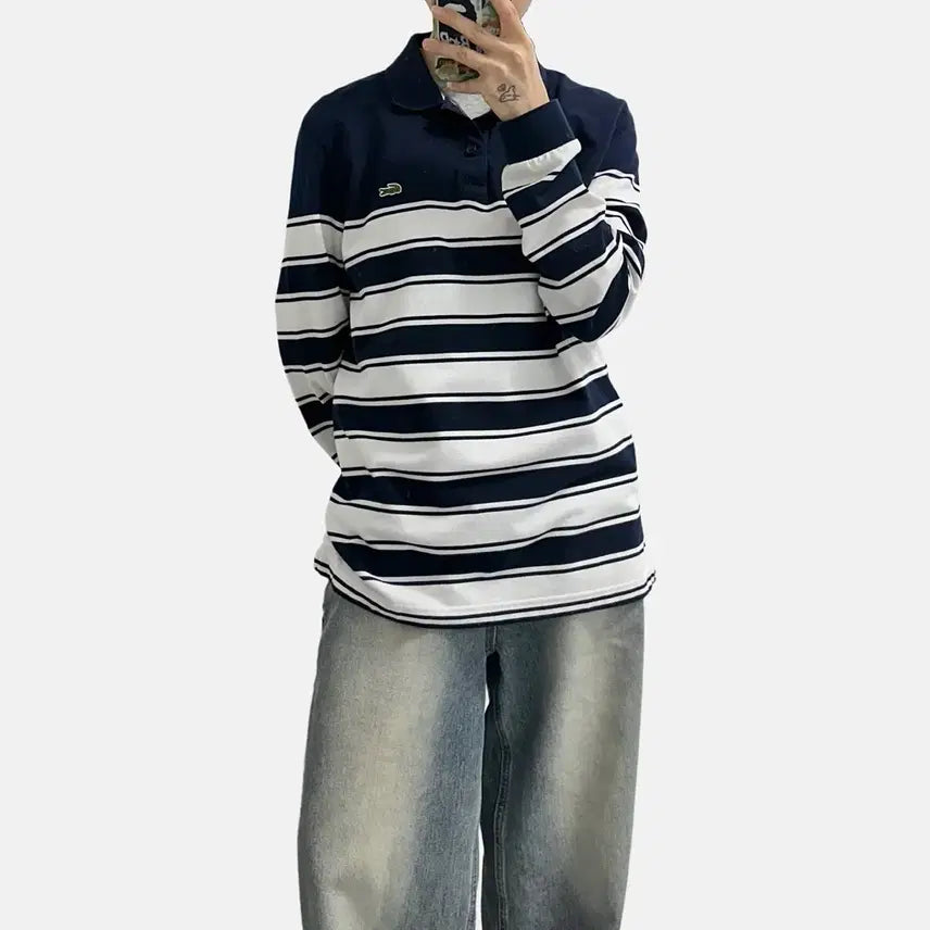 [BUNJANG] Lacoste Striped Collar Pique Long Sleeve T-Shirt / 라코스테 스트라이프 카라티 피케 pk 긴팔티셔츠