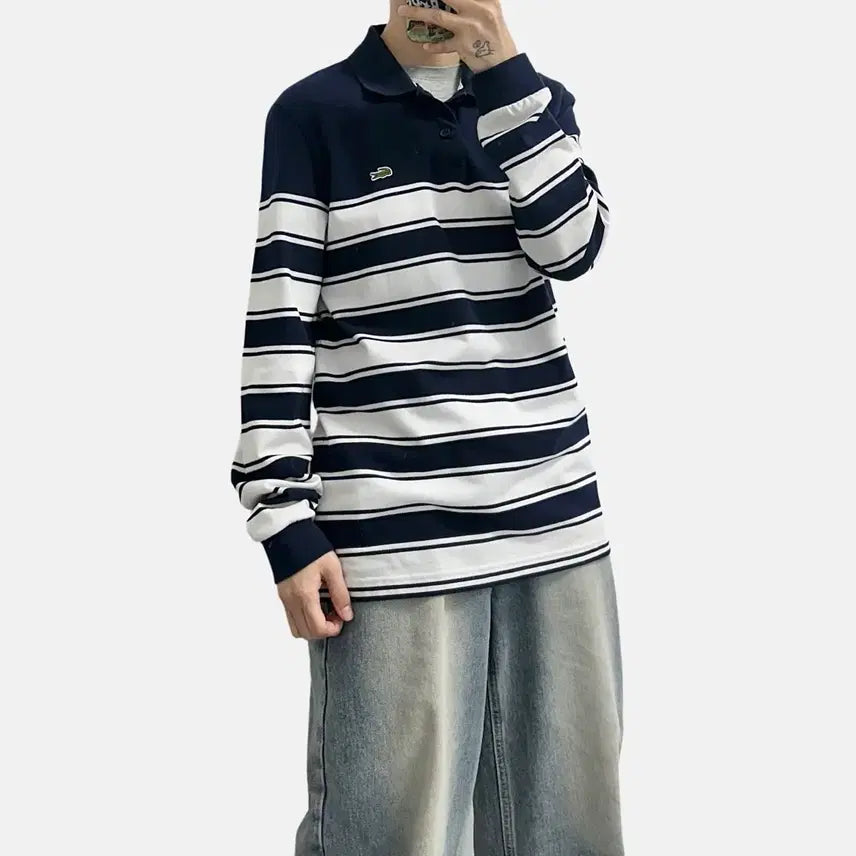 [BUNJANG] Lacoste Striped Collar Pique Long Sleeve T-Shirt / 라코스테 스트라이프 카라티 피케 pk 긴팔티셔츠
