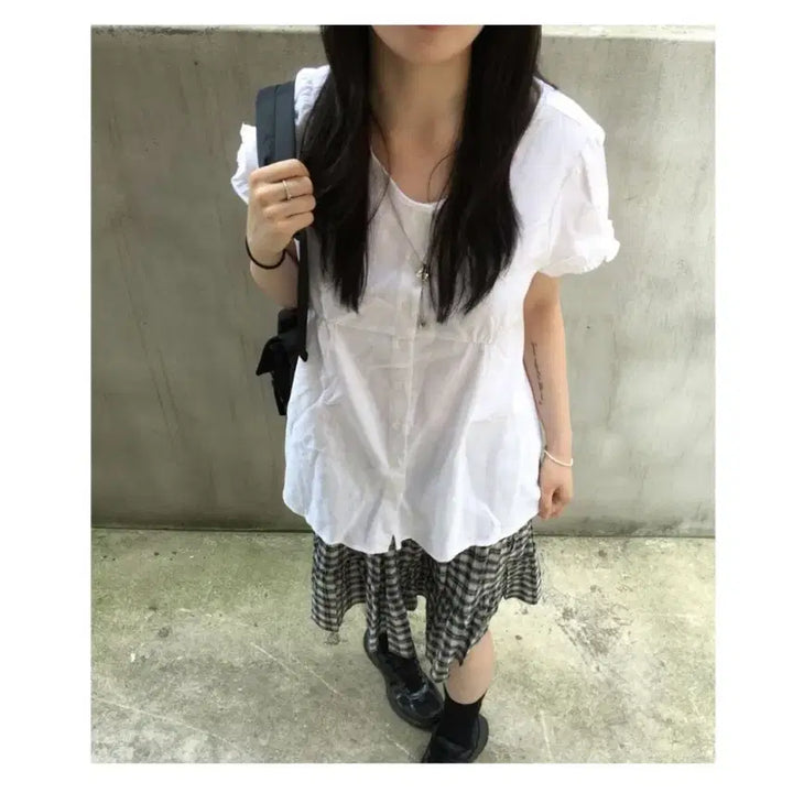 [BUNJANG] Hanake Koi Frill Shirring Ribbon Short Sleeve Blouse / (택O) 하나케 코이 루즈 프릴 셔링 리본 반팔 블라우스
