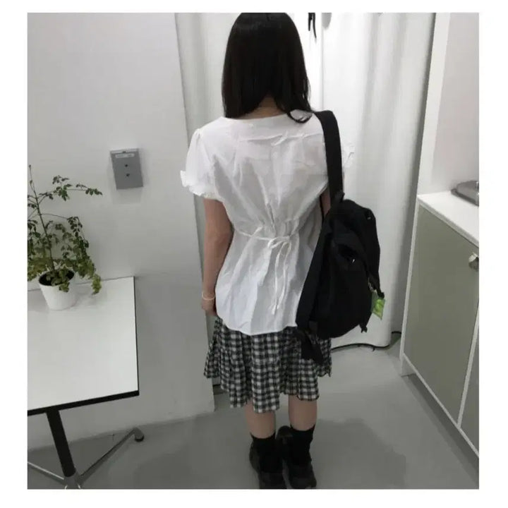 [BUNJANG] Hanake Koi Frill Shirring Ribbon Short Sleeve Blouse / (택O) 하나케 코이 루즈 프릴 셔링 리본 반팔 블라우스