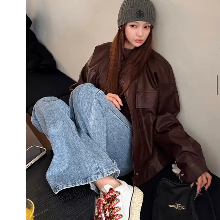 [BUNJANG] Mari Market Leather Jacket / 마리마켓 레터레더자켓