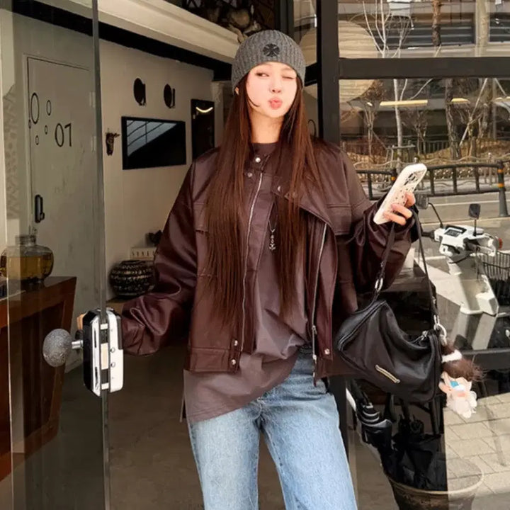 [BUNJANG] Mari Market Leather Jacket / 마리마켓 레터레더자켓