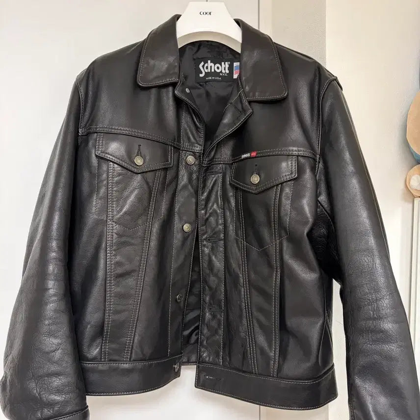 [BUNJANG] Short Black Leather Trucker Jacket XL / 쇼트 블랙 가죽 트러커 자켓 XL