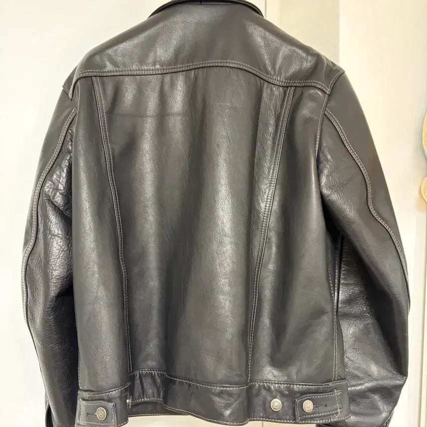 [BUNJANG] Short Black Leather Trucker Jacket XL / 쇼트 블랙 가죽 트러커 자켓 XL