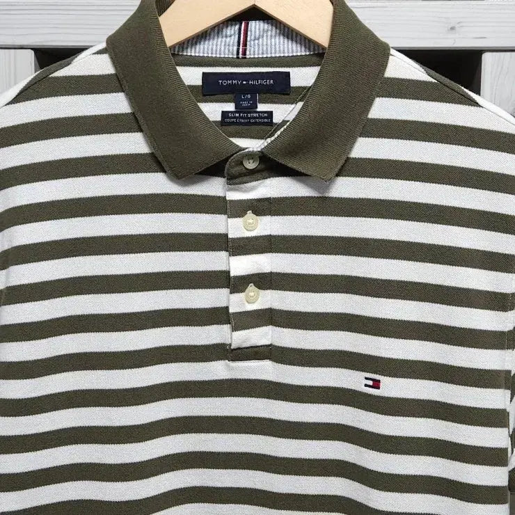 [BUNJANG] Tommy Hilfiger Striped Short Sleeve Polo Shirt Khaki / 100 TOMMY 타미 힐피거 반팔 카라티 스트라이프 카키