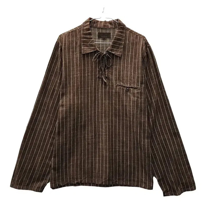 [BUNJANG] Latte Mori Vintage Eyelet Stripe Brown Shirt L / 빈티지 라떼모리 아일렛 스트라이프 브라운 셔츠 L