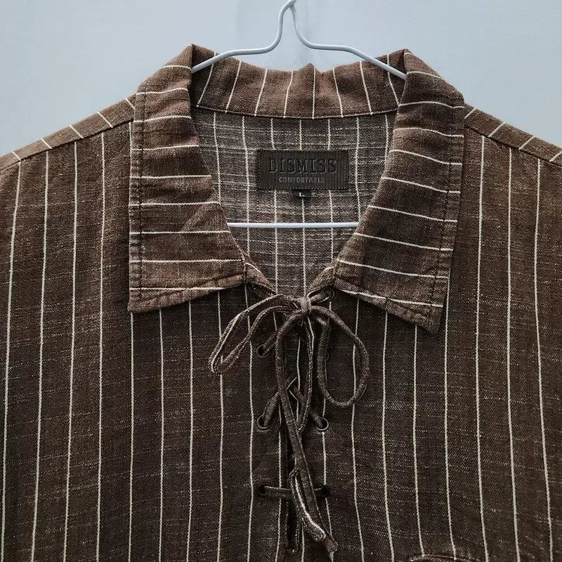 [BUNJANG] Latte Mori Vintage Eyelet Stripe Brown Shirt L / 빈티지 라떼모리 아일렛 스트라이프 브라운 셔츠 L