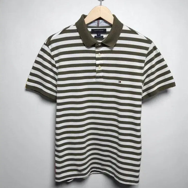 [BUNJANG] Tommy Hilfiger Striped Short Sleeve Polo Shirt Khaki / 100 TOMMY 타미 힐피거 반팔 카라티 스트라이프 카키