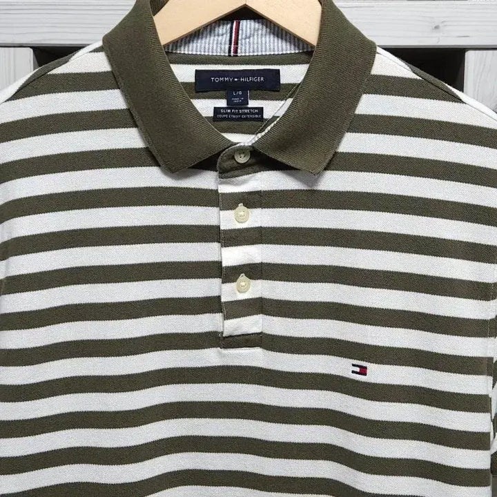 [BUNJANG] Tommy Hilfiger Striped Short Sleeve Polo Shirt Khaki / 100 TOMMY 타미 힐피거 반팔 카라티 스트라이프 카키