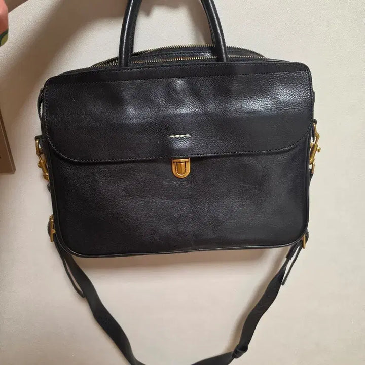 [BUNJANG] Black Leather Tote Bag with Shoulder Strap / 블랙 가죽 토트백 겸 숄더백