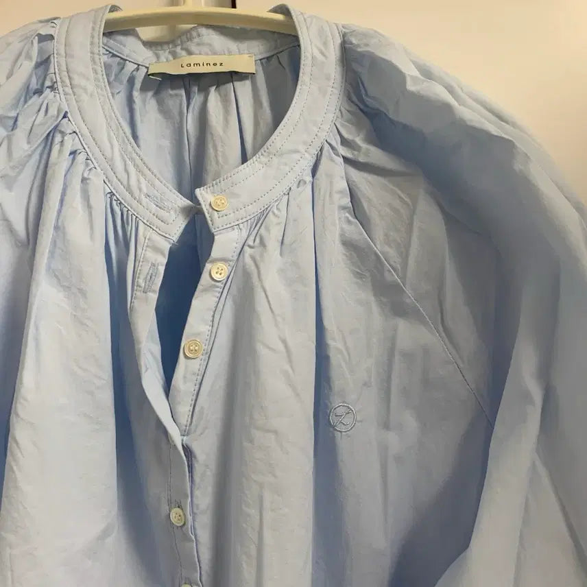 [BUNJANG] Raminez Round Henly Neck Long Sleeve Blouse - Light Blue / 라미네즈 라운드 헨리넥 긴팔 블라우스 연하늘