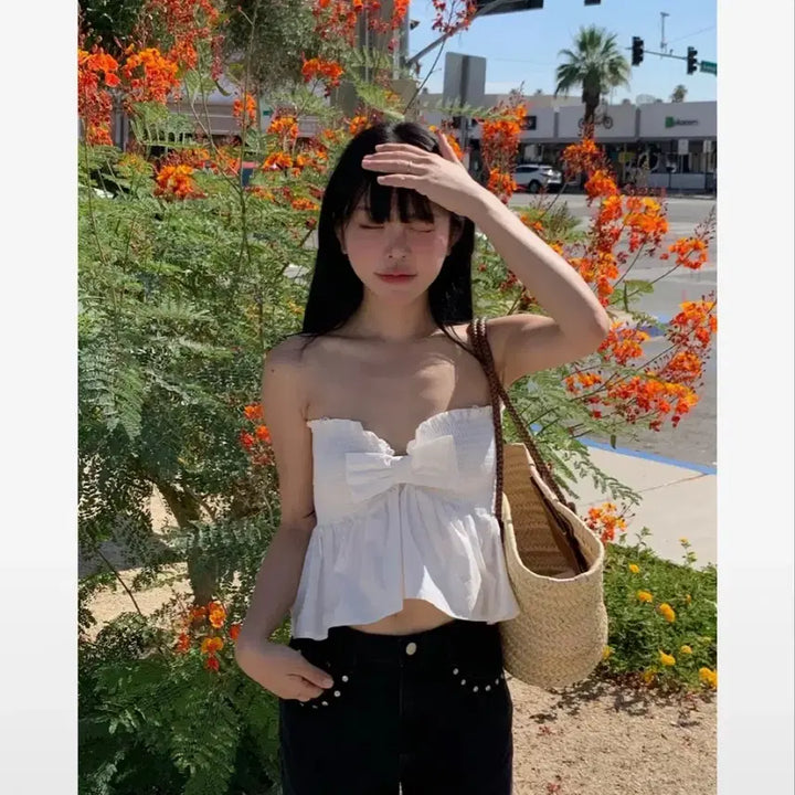 [BUNJANG] Without Summer Ribbon Smose Sleeveless Top Ivory / [위드아웃썸머] 리본 스모스 슬리브리스 아이보리