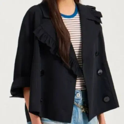 [BUNJANG] Lucky Chouette Asymmetric Frill Double Line Jacket Navy Size 55 / 럭키슈에뜨 언발란스 프릴 더블라인 자켓 55사이즈 새제품 네이비