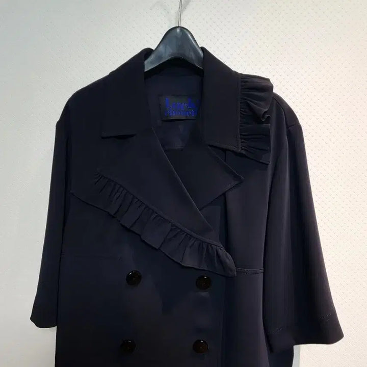 [BUNJANG] Lucky Chouette Asymmetric Frill Double Line Jacket Navy Size 55 / 럭키슈에뜨 언발란스 프릴 더블라인 자켓 55사이즈 새제품 네이비