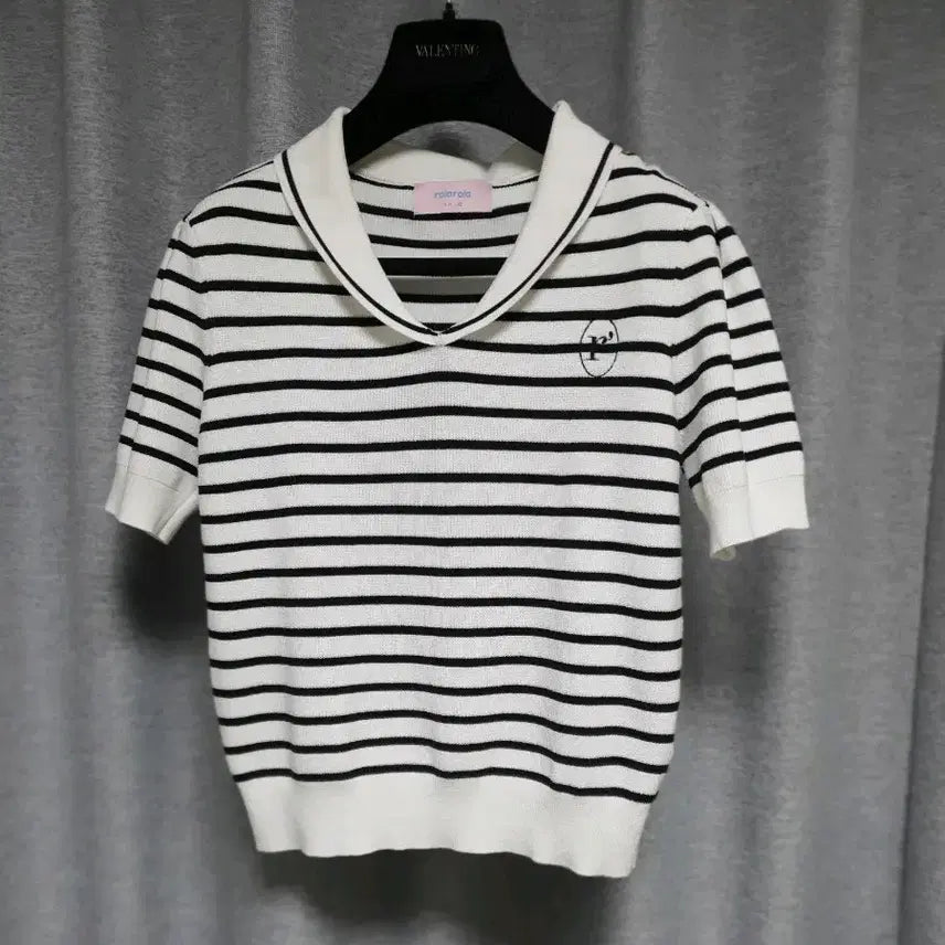 [BUNJANG] Rolarola Sailor Collar Stripe Knit Short Sleeve Top / rolarola 로라로라 세일러 카라 스트라이프 니트반팔 f s~m