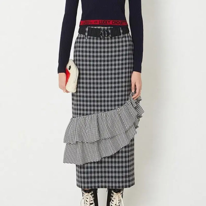 [BUNJANG] Lucky Chouette Alice 2-Tier Frill Pencil Fit Long Skirt / 럭키슈에뜨 엘리스    2단 프릴 데코 펜슬 핏 롱 스커트 36