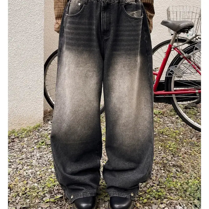[BUNJANG] Snap Two-Way Vintage Washed Wide Denim Pants / 스냅 투웨이 빈티지 워싱 와이드 올밴딩 데님 팬츠