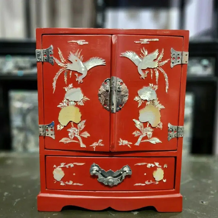 [BUNJANG] 1960s Vintage Tongyeong Mother-of-Pearl Lacquerware Red Lacquer Phoenix Jewelry Box / 60년대 빈티지 통영 나전칠기 자개 홍장 봉황문 보석함