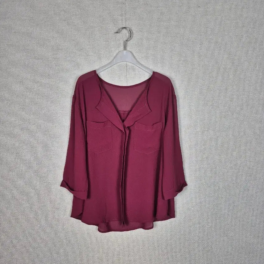 [BUNJANG] Burgundy See-Through Pocket Blouse / 