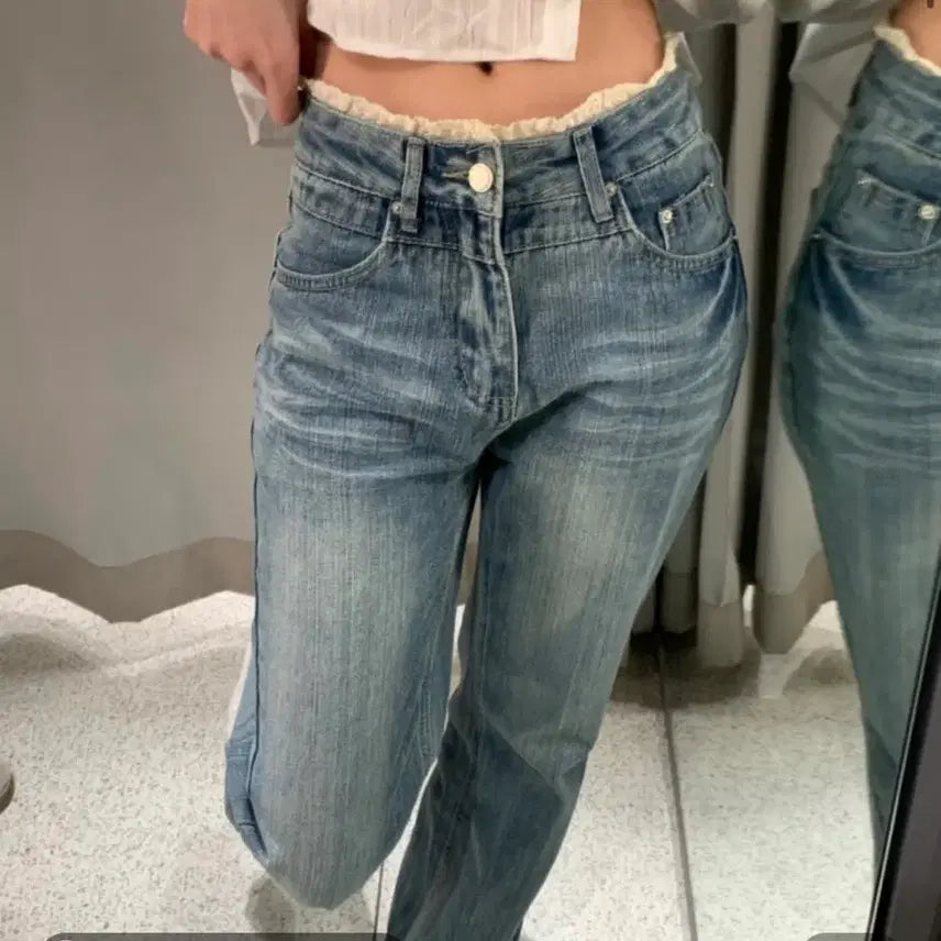 [BUNJANG] Bellezude Lace Denim Bootcut Pants / 1회 착용)벨르주드 레이스 데님 부츠컷