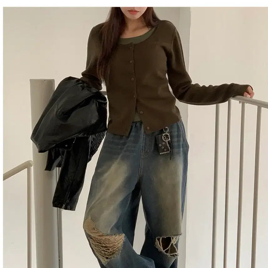 [BUNJANG] Ribbed Long Sleeve Layered Cardigan Brown / 골지 긴팔 레이어드 가디건 브라운