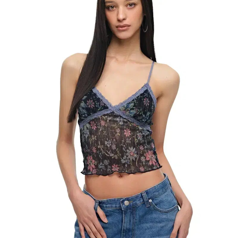 [BUNJANG] Too Much Tax Metallic Floral Lace Camisole Navy S / 투머치택스 메탈릭 플로랄 03 레이스 캐미탑 네이비 S
