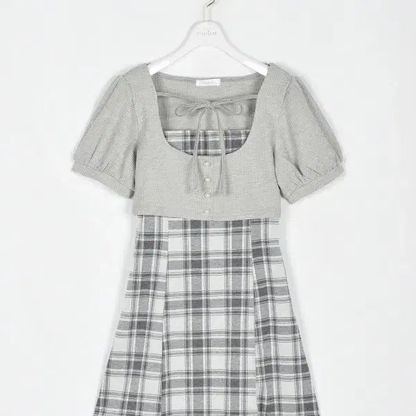 [BUNJANG] EBLIN Ribbon Mini Check One-Piece Dress Grey / 일브 스나계 에블린 리본 미니 체크 원피스 그레이