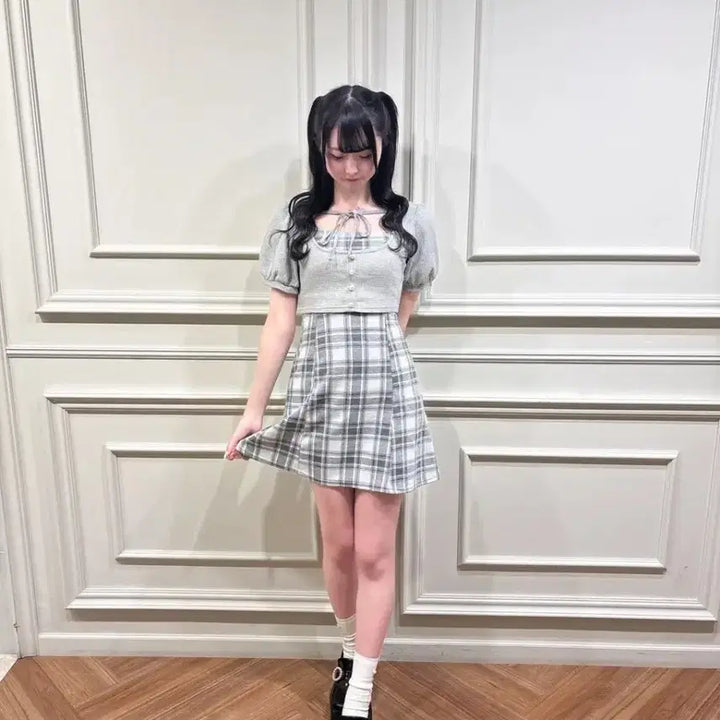 [BUNJANG] EBLIN Ribbon Mini Check One-Piece Dress Grey / 일브 스나계 에블린 리본 미니 체크 원피스 그레이