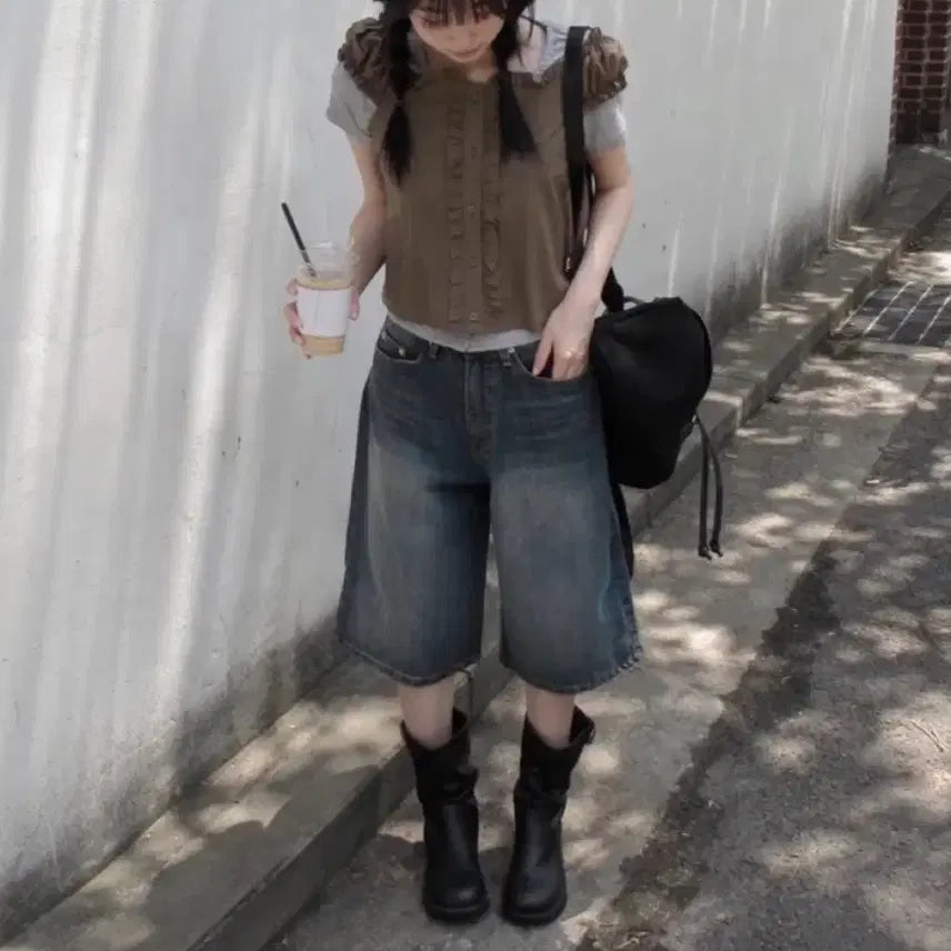 [BUNJANG] Blue Denim Wide Bermuda Shorts / 청 데님 와이드 버뮤다