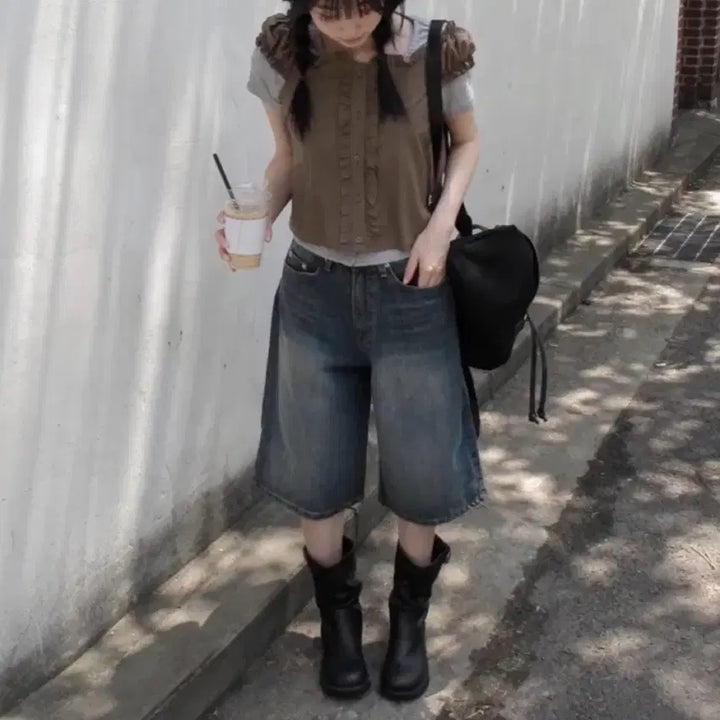 [BUNJANG] Blue Denim Wide Bermuda Shorts / 청 데님 와이드 버뮤다