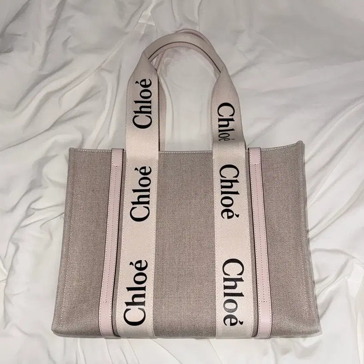 [BUNJANG] Chloe Woody Medium Tote Bag Shoulder Bag Cement Pink / 정품 끌로에 우디 미디움 토트백 숄더백 시멘트 핑크
