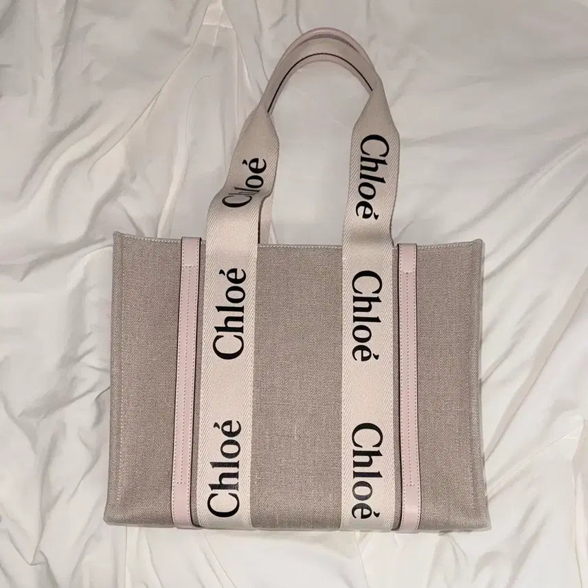 [BUNJANG] Chloe Woody Medium Tote Bag Shoulder Bag Cement Pink / 정품 끌로에 우디 미디움 토트백 숄더백 시멘트 핑크