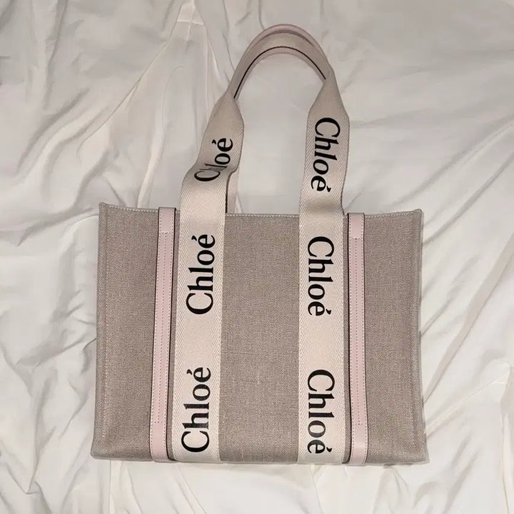 [BUNJANG] Chloe Woody Medium Tote Bag Shoulder Bag Cement Pink / 정품 끌로에 우디 미디움 토트백 숄더백 시멘트 핑크