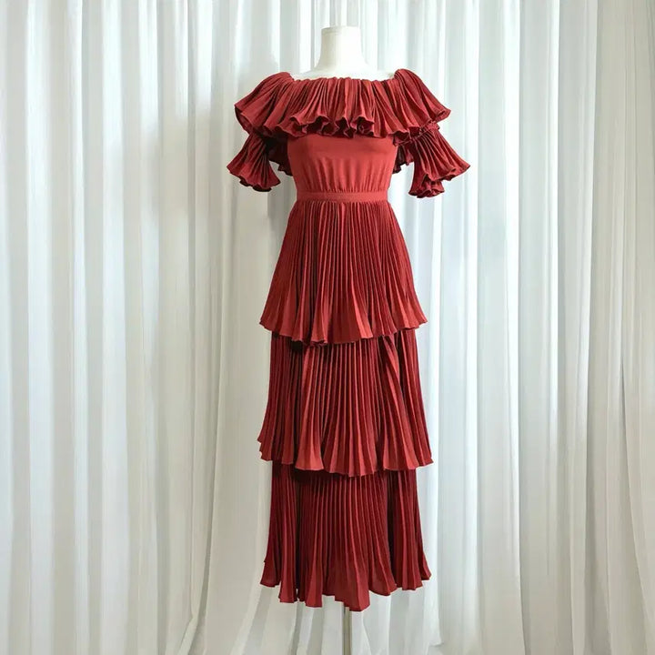 [BUNJANG] Self-Portrait Pleated Layered Crimson Red Dress UK8 / 셀프포트레이트 플리츠 레이어드 크림슨레드 드레스 원피스(UK8)상태좋음