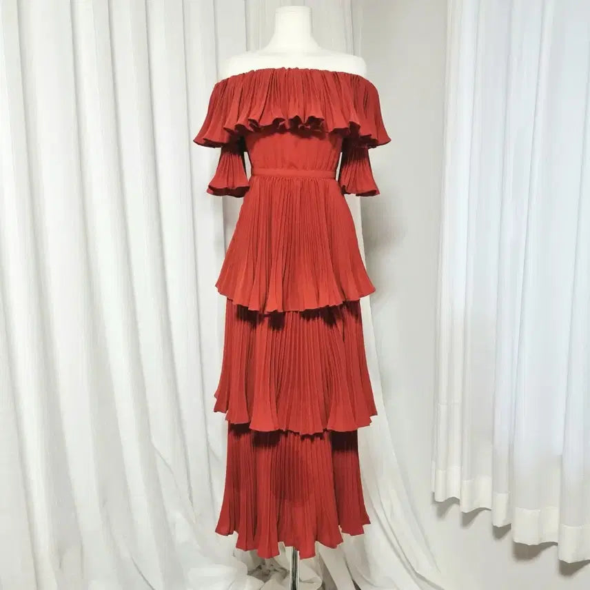 [BUNJANG] Self-Portrait Pleated Layered Crimson Red Dress UK8 / 셀프포트레이트 플리츠 레이어드 크림슨레드 드레스 원피스(UK8)상태좋음