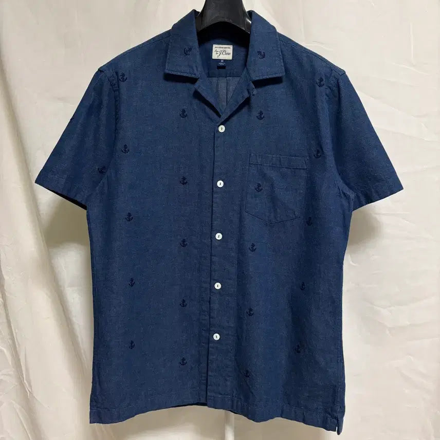 [BUNJANG] J.Crew Navy Anchor Embroidery Open Collar Short Sleeve Shirt - M / 제이크루 앵커 자수 오픈카라 반팔 셔츠 / 네이비, M