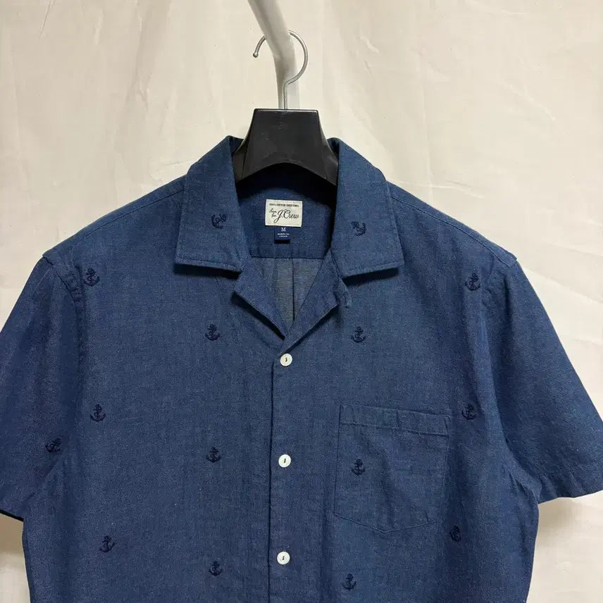 [BUNJANG] J.Crew Navy Anchor Embroidery Open Collar Short Sleeve Shirt - M / 제이크루 앵커 자수 오픈카라 반팔 셔츠 / 네이비, M