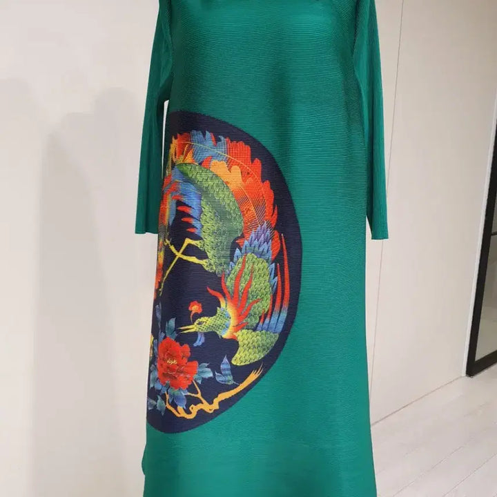 [BUNJANG] Pleated Crane Print Dress / 플리츠 그린 학무늬 원피스