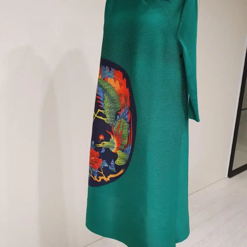 [BUNJANG] Pleated Crane Print Dress / 플리츠 그린 학무늬 원피스