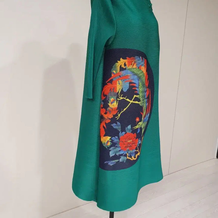 [BUNJANG] Pleated Crane Print Dress / 플리츠 그린 학무늬 원피스