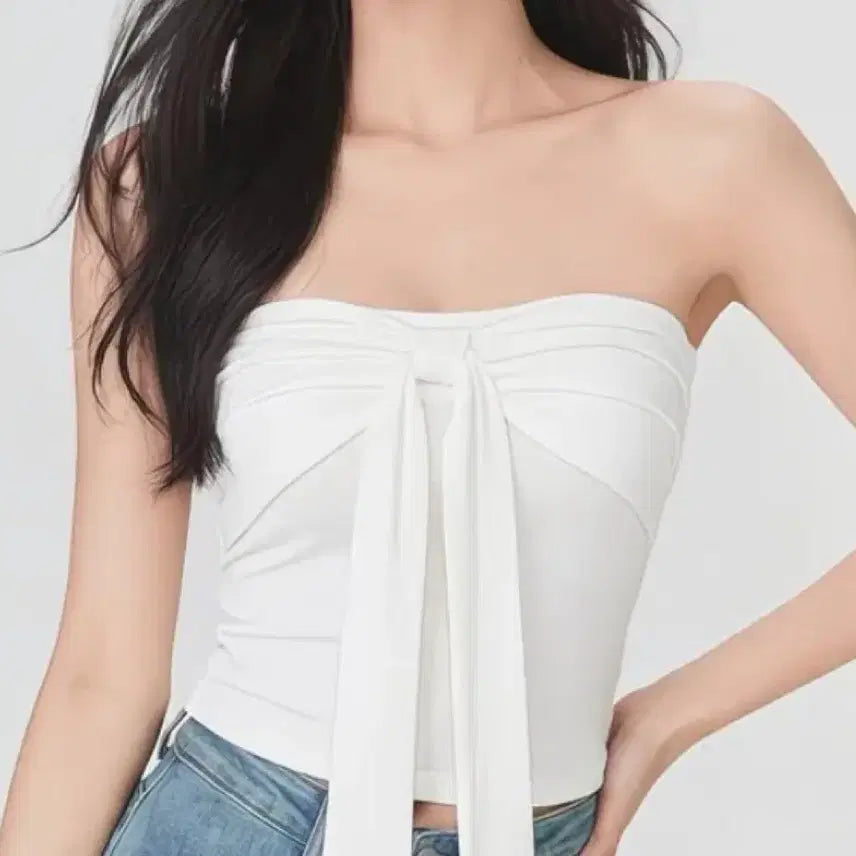 [BUNJANG] White Ribbon Tube Top Blouse / 화이트 리본 튜브탑 블라우스