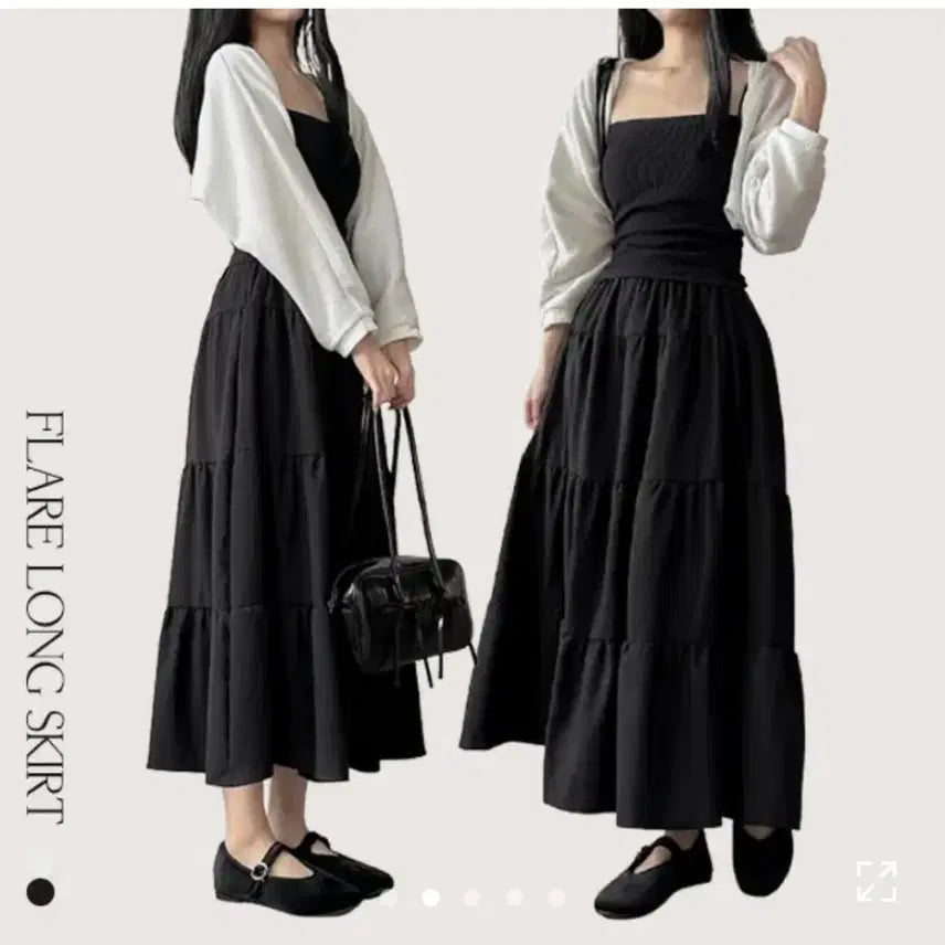 [BUNJANG] Rainie Ruffle Flare Banding A-Line Long Skirt Black / 에이블리 라이니 캉캉 플레어 밴딩 A라인 롱 치마 스커트 블랙