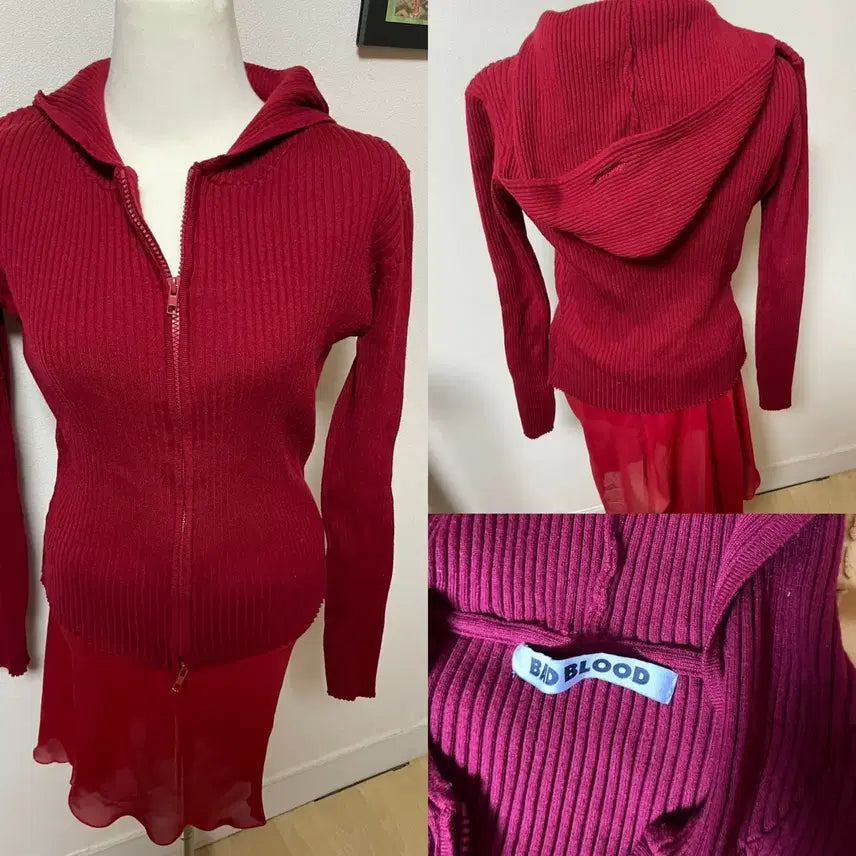 [BUNJANG] BAD BLOOD Red Gingham Knit Hoodie Zip-Up M / BAD BLOOD 배드블러드, 레드 컬러 후드 집업